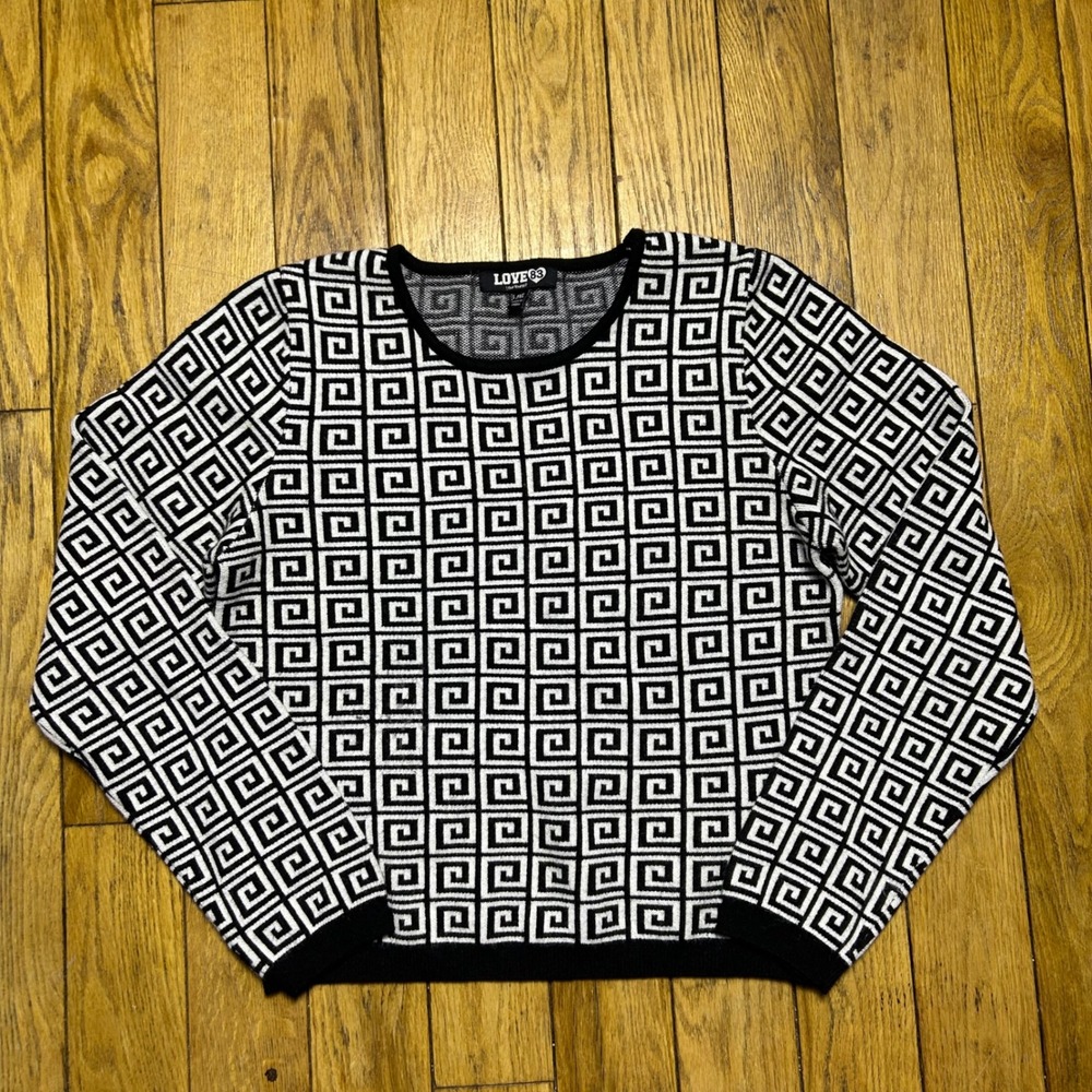 Love 83 Greek Key Geometric Knit Sweater Black White 1XL Long Sleeve Pullover‎